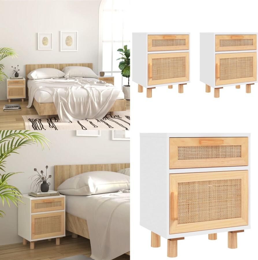VidaXL Nachtkastjes 2 st massief grenenhout en natuurlijk rattan wit Nachtkastje Nachtkastjes Houten Nachtkastje Houten Nachtkastjes
