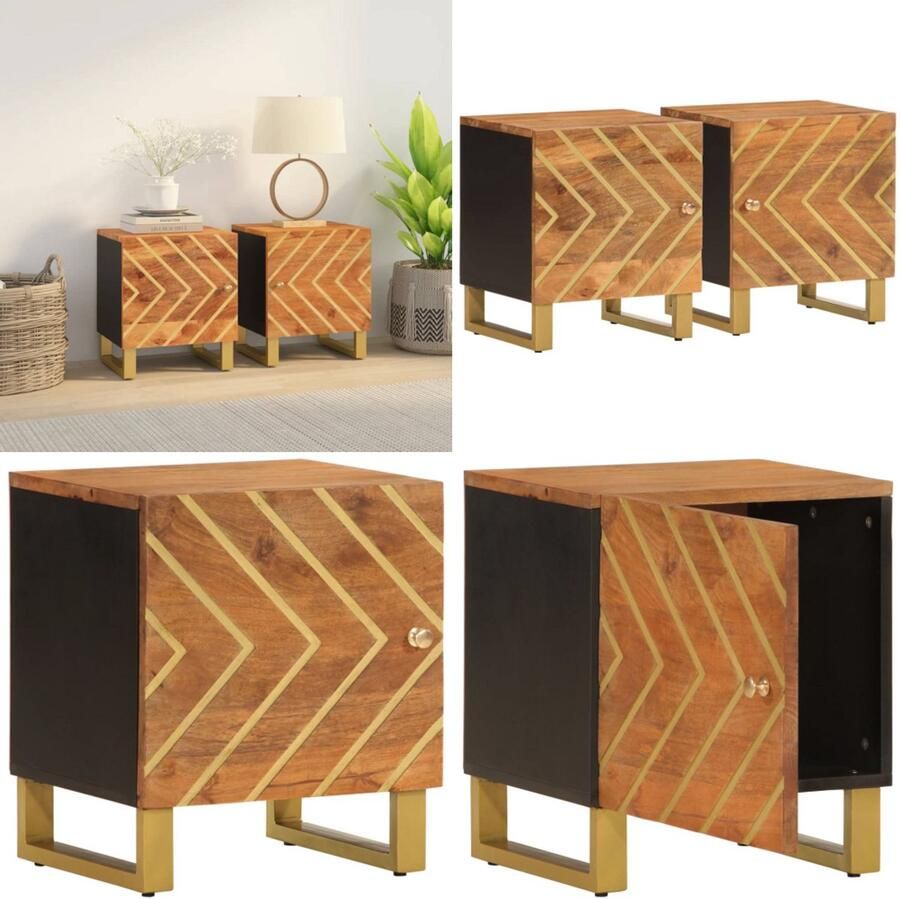 VidaXL Nachtkastjes 2 st massief mangohout bruin en zwart Nachtkastje Nachtkastjes Bijzettafel Wandkastje