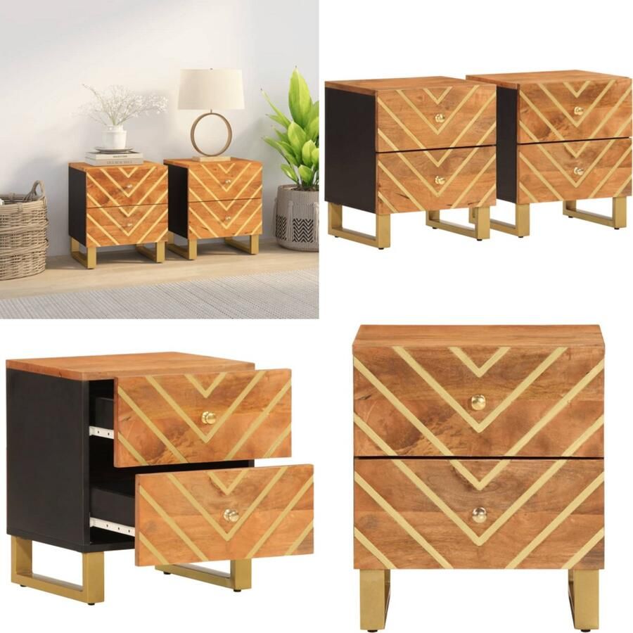VidaXL Nachtkastjes 2 st massief mangohout bruin en zwart Nachtkastje Nachtkastjes Houten Nachtkastje Houten Nachtkastjes