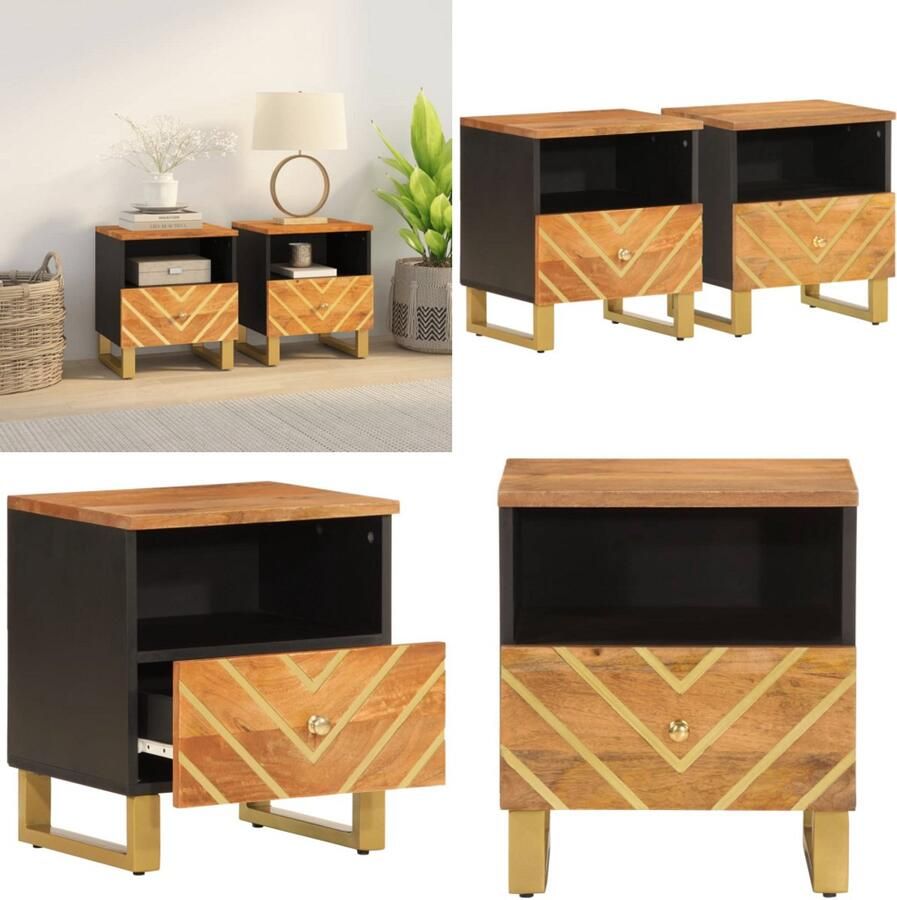 VidaXL Nachtkastjes 2 st massief mangohout bruin en zwart Nachtkastje Nachtkastjes Houten Nachtkastje Houten Nachtkastjes