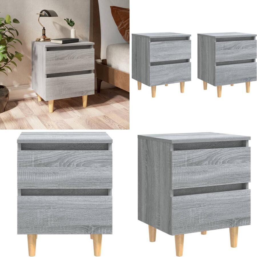 VidaXL Nachtkastjes 2 st met houten poten 40x35x50 cm grijs sonoma Nachtkastje Nachtkastjes Bedkast Zijkast
