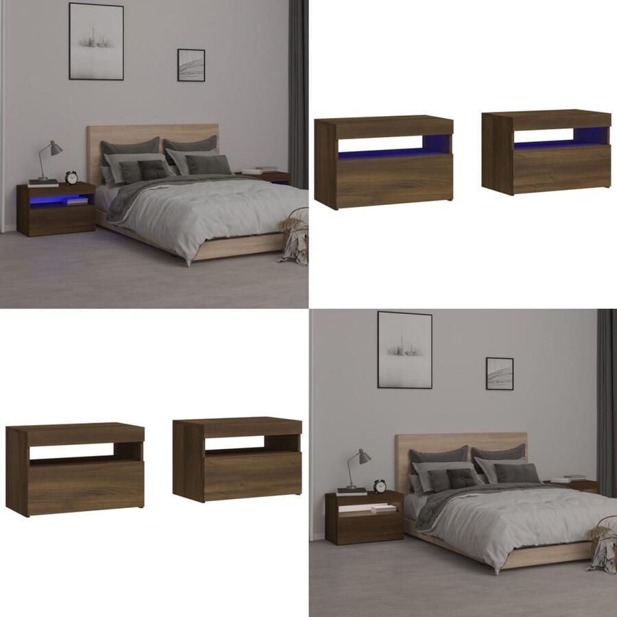 VidaXL Nachtkastjes 2 st met LED-verlichting 60x35x40 cm bruineiken Nachtkastje Nachtkastjes Houten Nachtkastje Slaapkamerkast