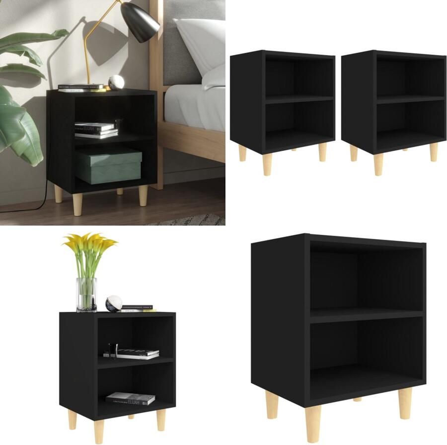 VidaXL Nachtkastjes 2 st met massief houten poten 40x30x50 cm zwart Nachtkastje Nachtkastjes Slaapkamerkastje Slaapkamerkastjes