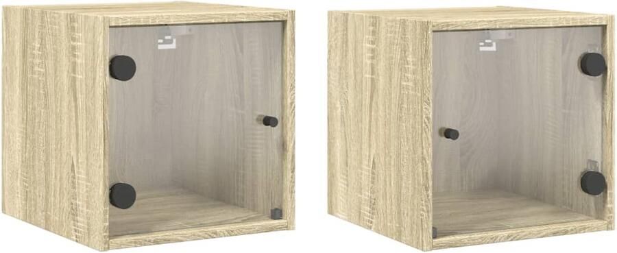 The Living Store Nachtkastjes met glazen deuren 2 st 35x37x35 cm sonoma eiken Nachtkastjes Wandmontage Sonoma Eiken Houten Meubel Bergruimte - Foto 3