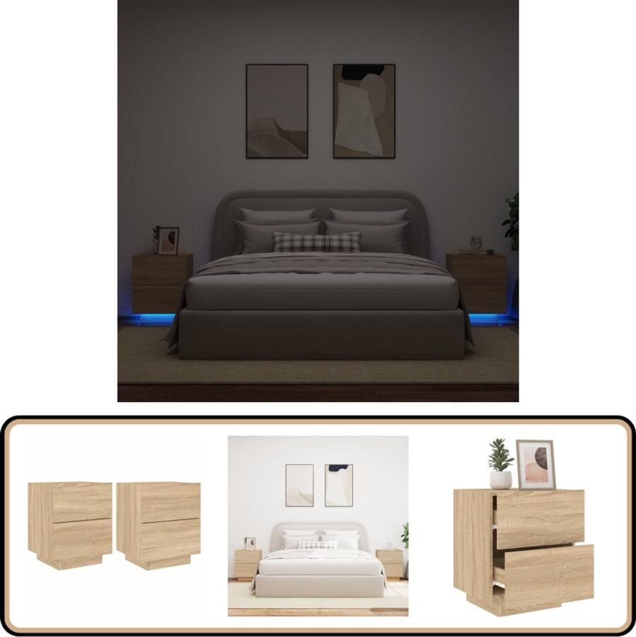 VidaXL Nachtkastjes 2 st Sonoma eiken LED-verlichting Nachtkastjes Led Lampen Salontafel Houten Meubels Bedroom Furniture