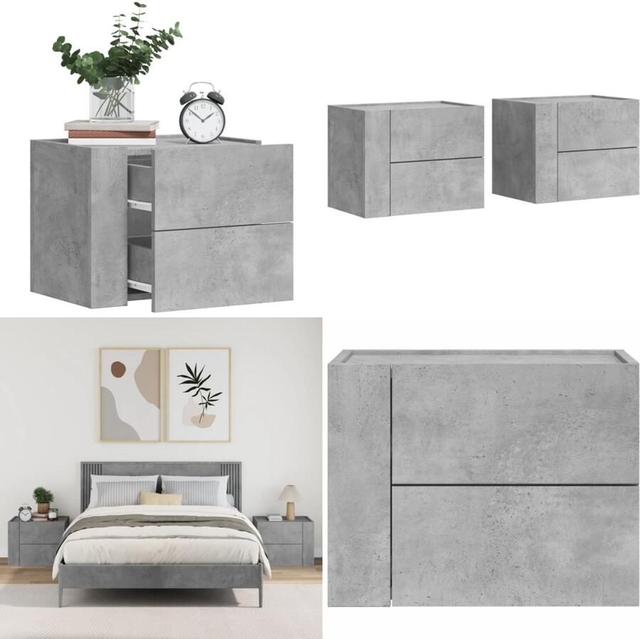 VidaXL Nachtkastjes 2 st wandgemonteerd 45x30x35 cm betongrijs Wandgemonteerd Nachtkastje Wandgemonteerde Nachtkastjes Bijzettafel Wandkastje