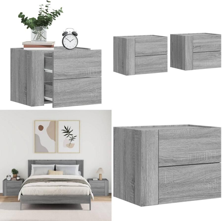 VidaXL Nachtkastjes 2 st wandgemonteerd 45x30x35 cm grijs sonoma eiken Wandgemonteerd Nachtkastje Wandgemonteerde Nachtkastjes Bijzettafel Wandkastje