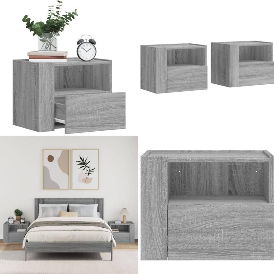 VidaXL Nachtkastjes 2 st wandgemonteerd 45x30x35 cm grijs sonoma eiken Wandgemonteerd Nachtkastje Wandgemonteerde Nachtkastjes Bijzettafel Wandkastje