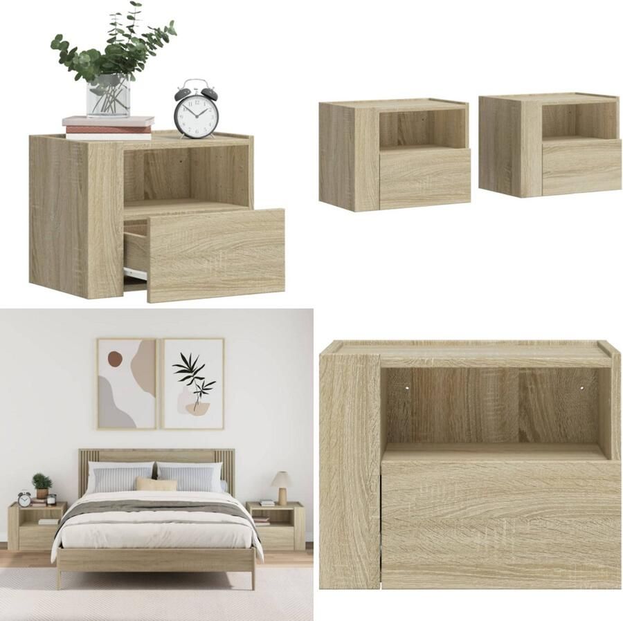 VidaXL Nachtkastjes 2 st wandgemonteerd 45x30x35 cm sonoma eikenkleur Wandgemonteerd Nachtkastje Wandgemonteerde Nachtkastjes Bijzettafel Wandkastje