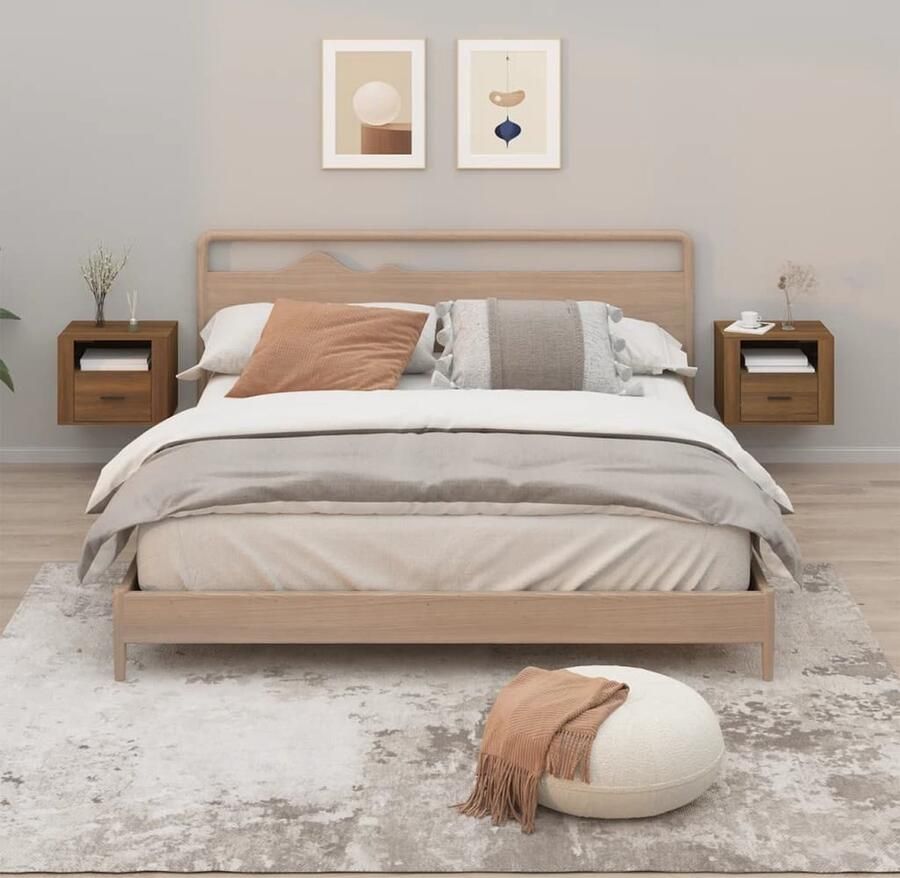 VidaXL Nachtkastjes 2 st Wandgemonteerd 50x36x40 cm Wandlamp Nachtlamp Kastje Bergruimte Slaapkamerdecoratie Houten Meubels Bruine Meubelstukken - Foto 2