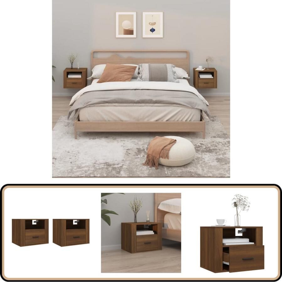 VidaXL Nachtkastjes 2 st Wandgemonteerd 50x36x40 cm Wandlamp Nachtlamp Kastje Bergruimte Slaapkamerdecoratie Houten Meubels Bruine Meubelstukken