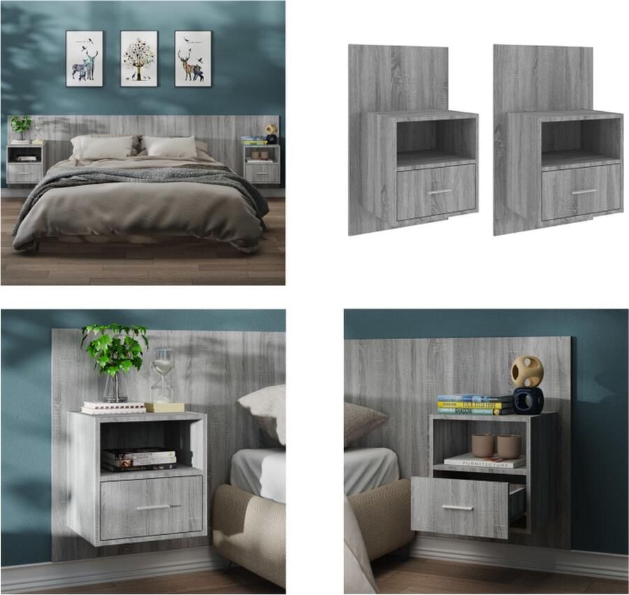 VidaXL Nachtkastjes 2 st wandgemonteerd grijs sonoma eikenkleurig Wandnachtkastje Wandnachtkastjes Wandgemonteerd Nachtkastje Wandgemonteerd Bedkastje - Foto 3