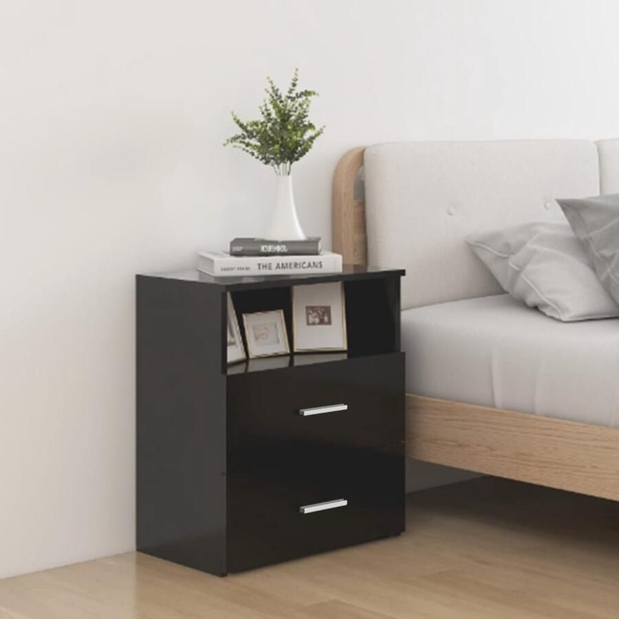 VidaXL Nachtkastje Zwart Bewerkt Hout 50x32x60 cm Nachtkastje Slaapkamermeubel Modern Design Zwarte Kast Houten Kast Bedsidetable Bedroom Furniture Black Cabinet