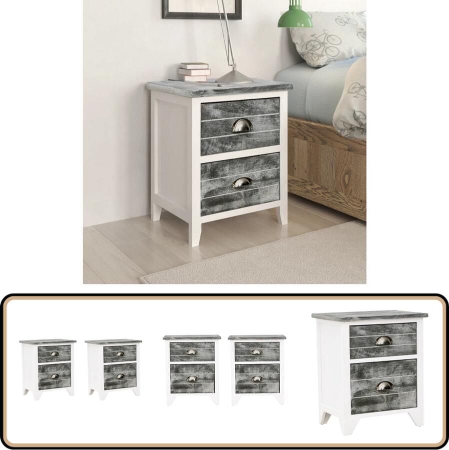 VidaXL Nachtkastjes 2 stuks 2 lades Grijs Wit Nachtkastjes Slaapkamer Meubilair Bijzettafels Houten Kasten Grijze Meubelen Witte Meubelen Paulownia Hout Compacte Kasten Minimalistische Meubelen Landelijke Meubelen - Foto 2