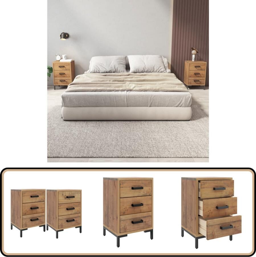 VidaXL Nachtkastjes 2 stuks 40x30x55 cm Grenenhout Nachtkastje Vintage Kast Houten Nachtkast Retro Meubel Slaapkamerstijl