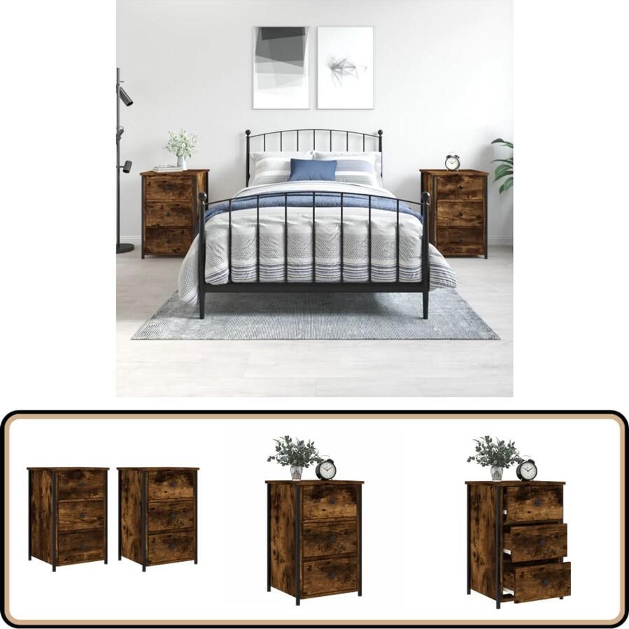 VidaXL Nachtkastjes 2 stuks 40x36x60 cm Gerookt eiken Nachtkastjes Industrieel Design Houten Kast Bruine Kleur Slaapkamer Meubel Bergruimte Ladekasten