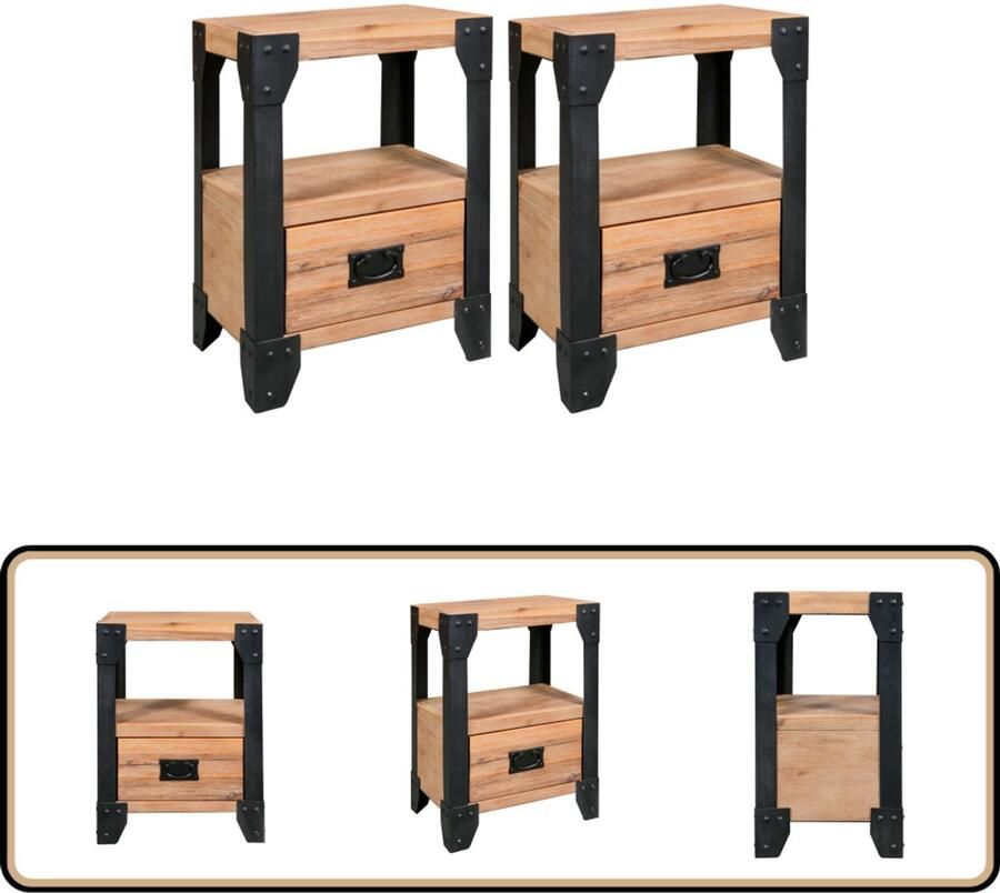 VidaXL Nachtkastjes 2 stuks Acaciahout en Staal Nachtkastje Industrieel Design Houten Nachtkast Acacia Hout Zwarte Metalen Accenten