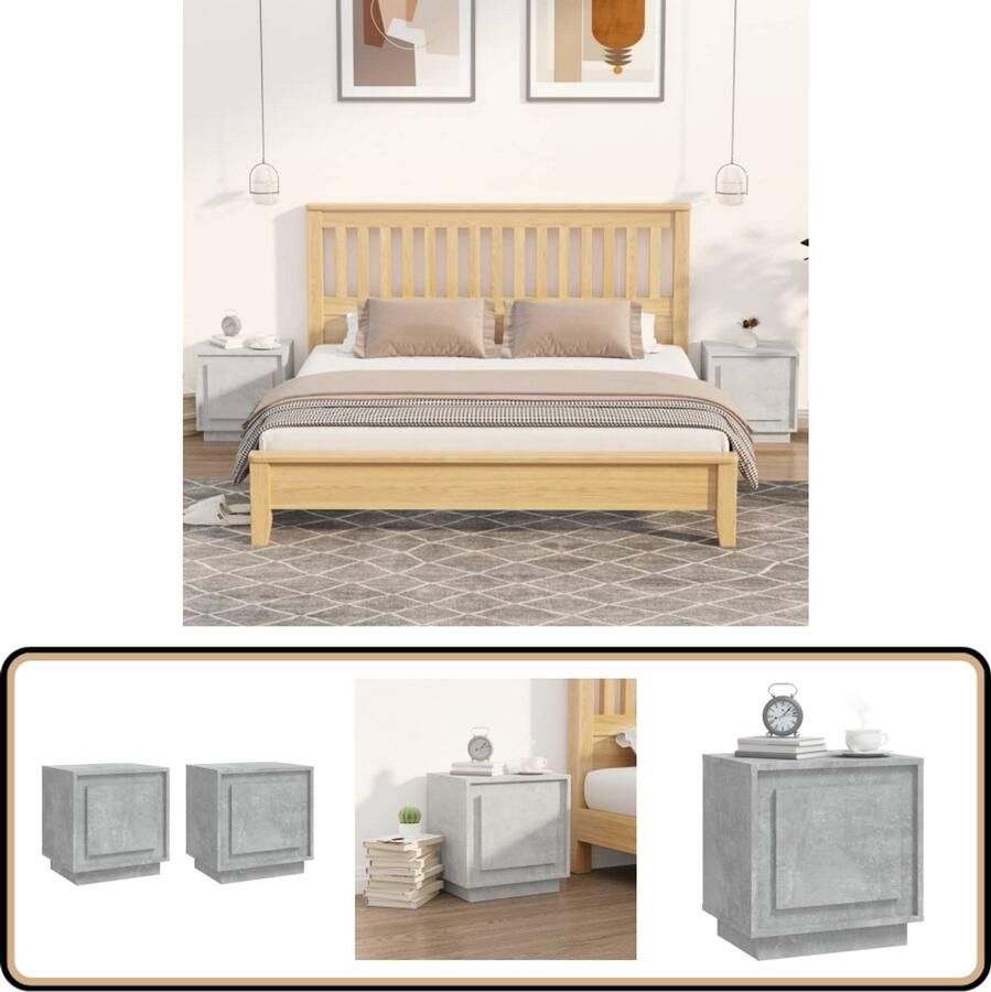 VidaXL Nachtkastjes 2 stuks Betongrijs Bewerkt hout Nachtkastje Beton Grijs Houten Meubels Slaapkamer Decoratie Modern Design Multifunctioneel Meubel Opbergkast