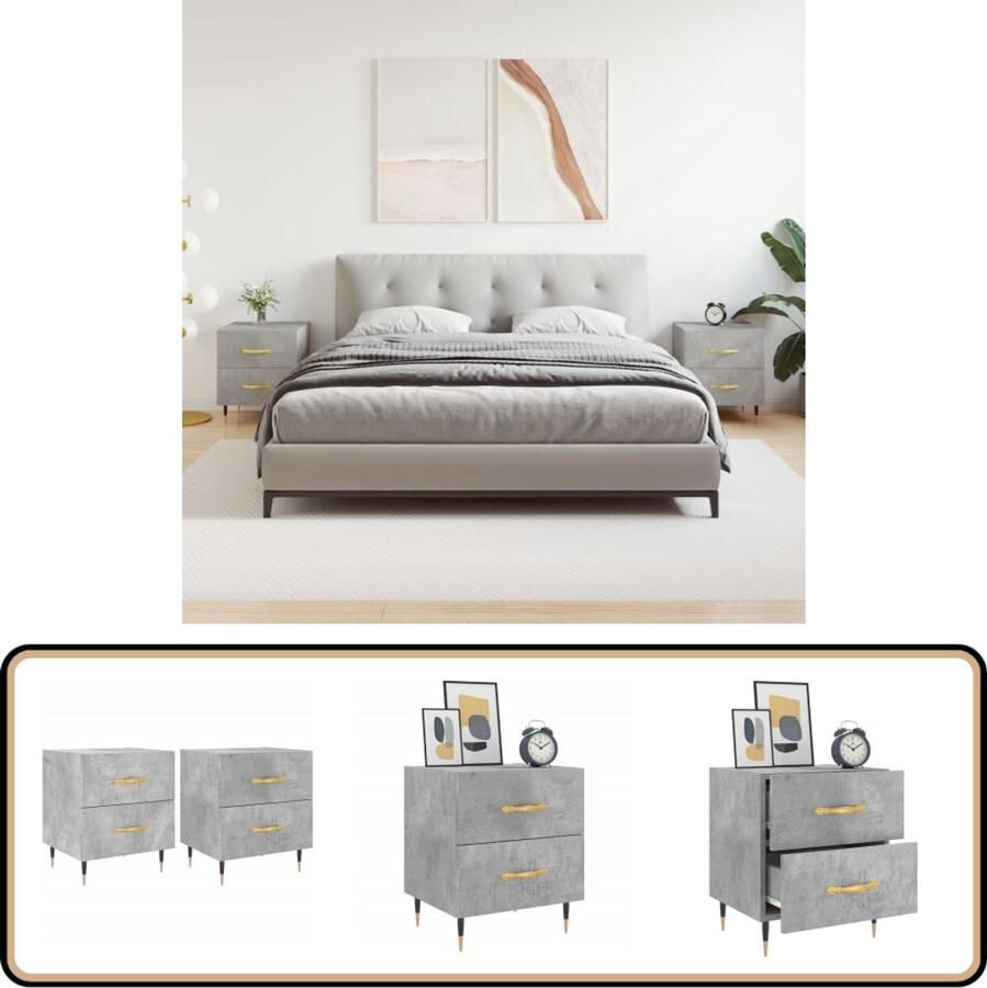 VidaXL Nachtkastjes 2 stuks Betongrijs Bewerkt hout Nachtkastjes Kast Bijzettafels Slaapkamers Houten Meubelen Grijze Meubelen Betongrijs