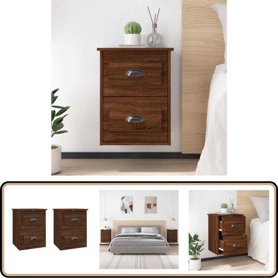 VidaXL Nachtkastjes 2 stuks Bruin Eiken Hangend Wandkasten Nachtkastjes Kastjes Meubels Slaapkamermeubelen