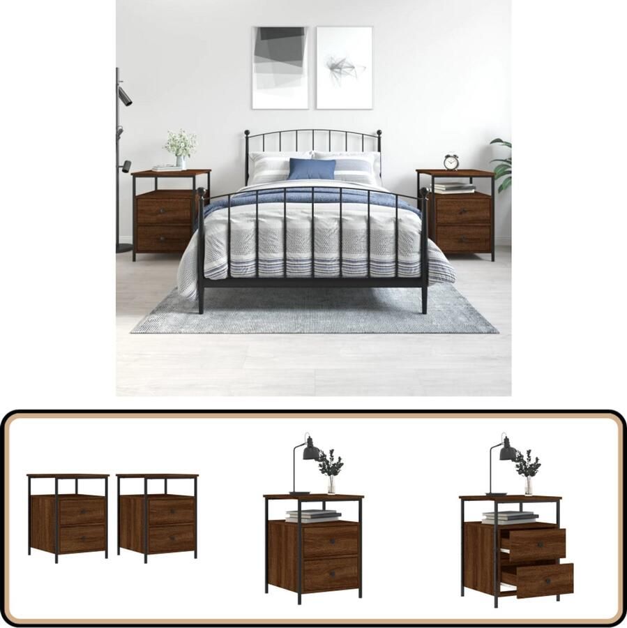 VidaXL Nachtkastjes 2 stuks Bruineiken 44x45x60 cm Nachtkastjes Industrieel Bruin Houten Kast Salontafel Slaapkamersdecoratie Bergruimte Vintage Landelijk
