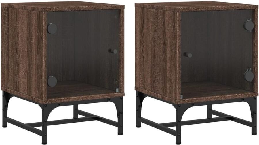 The Living Store Nachtkastjes met glazen deuren 2 st 35x37x50 cm bruineikenkleur Nachtkastje Bruineiken Slaapkamermeubel Opbergruimte Glazen Deuren - Foto 2