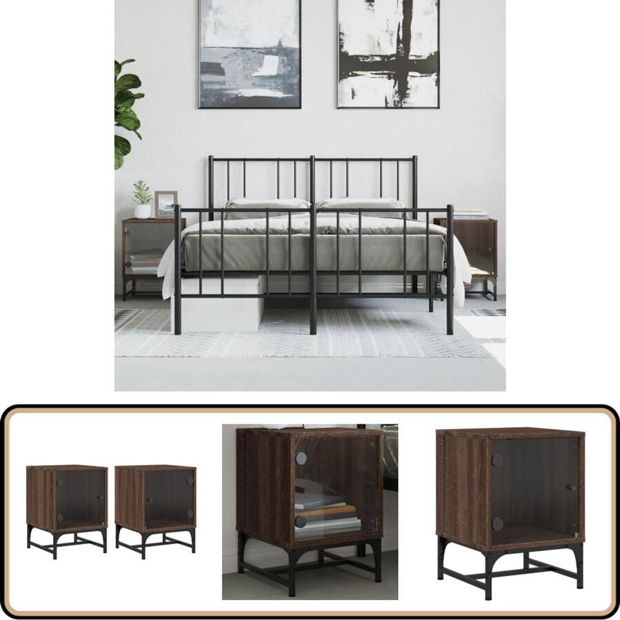 The Living Store Nachtkastjes met glazen deuren 2 st 35x37x50 cm bruineikenkleur Nachtkastje Bruineiken Slaapkamermeubel Opbergruimte Glazen Deuren