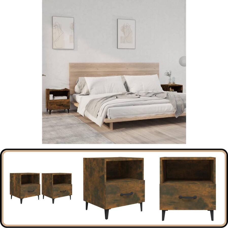 VidaXL Nachtkastjes 2 stuks Gerookt eiken Hout en metaal Nachtkast Nachtkastje Bedkamermeubilair Houten Nachtstand Bruine Nachtkast