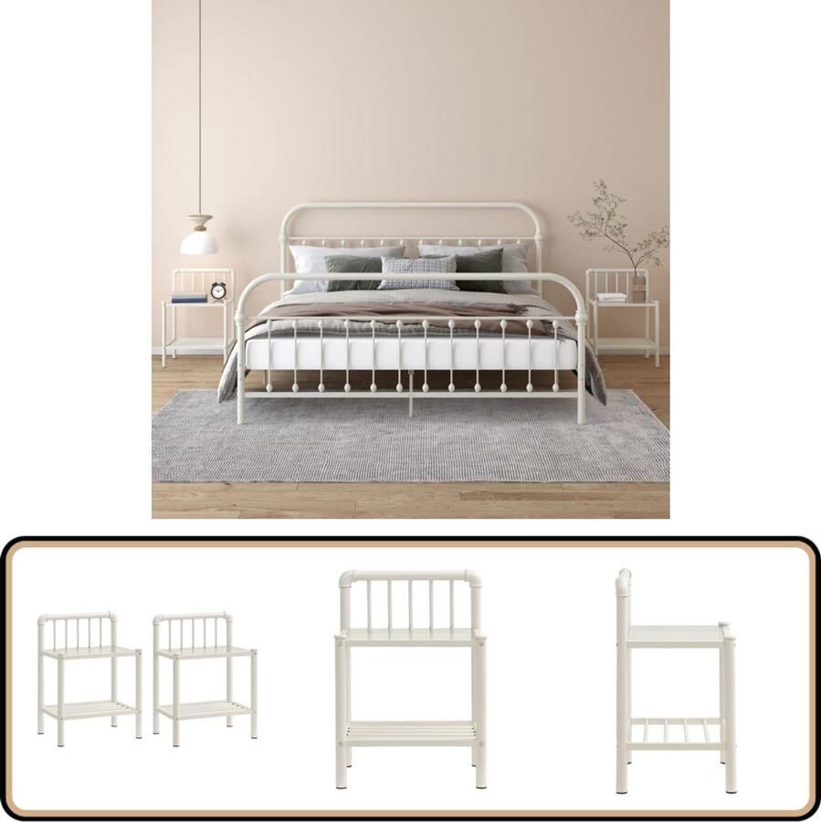 VidaXL Nachtkastjes 2 stuks Glas en Metaal Wit Nachtkasts Nachtaand Meubilair Slaapkamer Sidetable Living Room Furniture