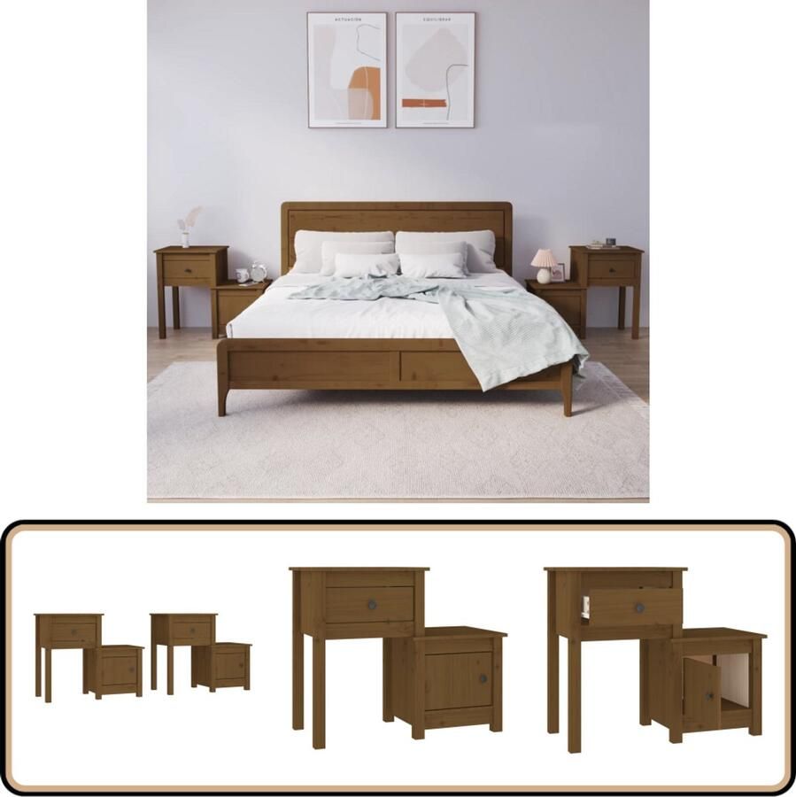VidaXL Nachtkastjes 2 stuks Grenenhout Honingbruin Nachtkastjes Massief Hout Grenenhout Honigbruin Slaapkamers Opbergkast Commode Kamermeubilair
