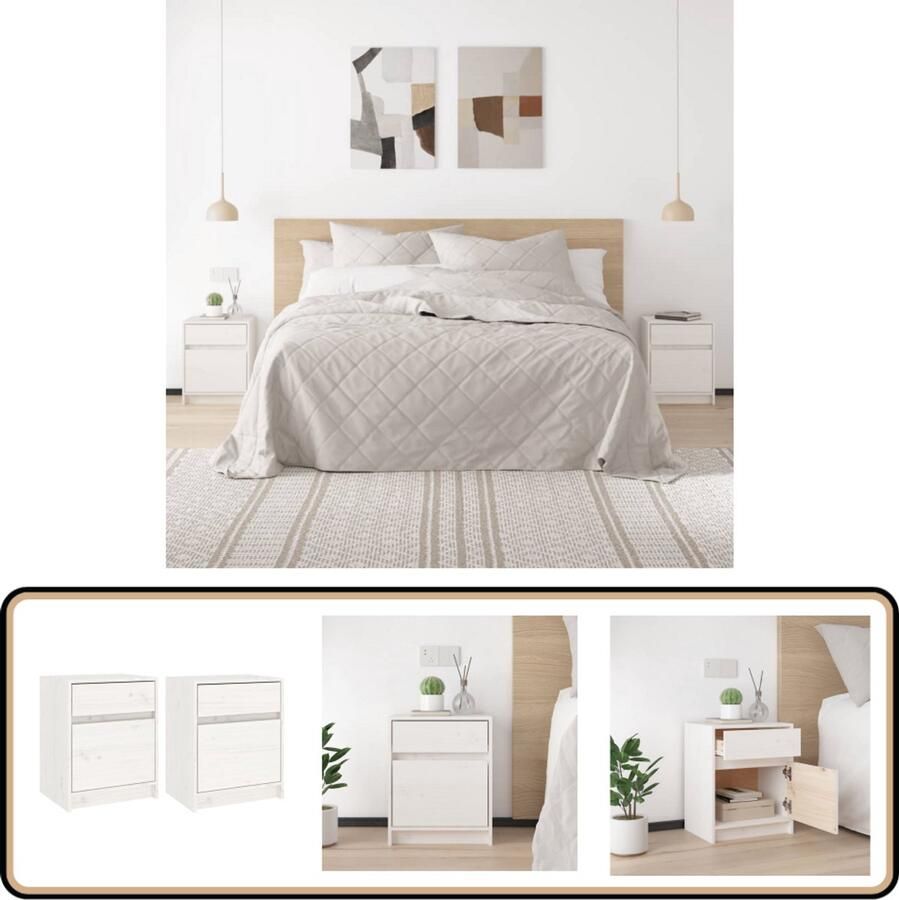 VidaXL Nachtkastjes 2 stuks Grenenhout Wit Nachtkastjes Houten Nachtkasten Witte Nachtkasten Nachtkast Design Nachtkast