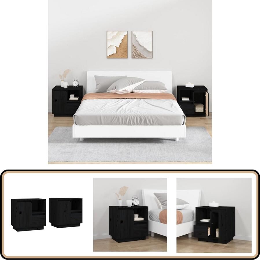 VidaXL Nachtkastjes 2 stuks Grenenhout Zwart Nachtkastje Kastje Houten Nachtkastje Slaapkamerspullen Grenoble Hout Black Furniture Side Table