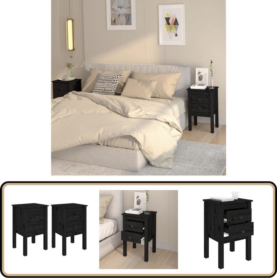 VidaXL Nachtkastjes 2 stuks Grenenhout Zwart Nachtkastje Nachtkasten Slaapkamer Meubilair Houten Kast Grenoble Hout