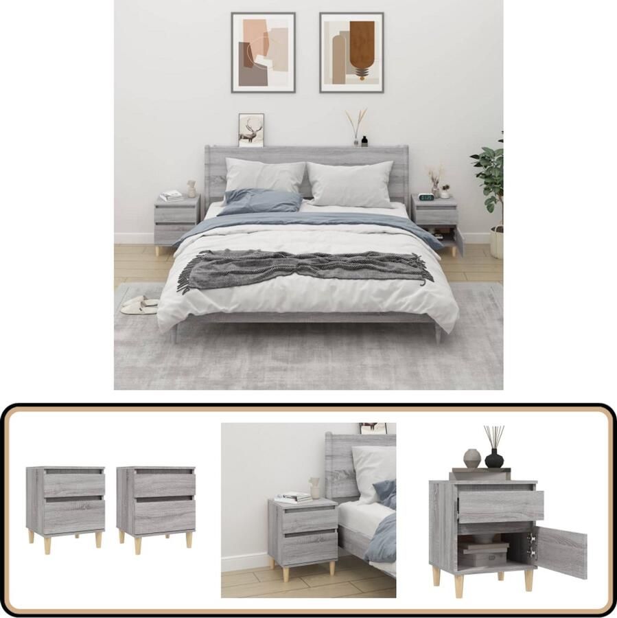 VidaXL Nachtkastjes 2 stuks Grijs Sonoma eiken Nachtkastjes Slaapkamermeubel Houten Kast Grijze Meubelen Scandinavische Stijl Basic Meubilair Nachtlampje Decoratief Item Opbergvak Tv Accessoires Leeslicht Woonaccessoires