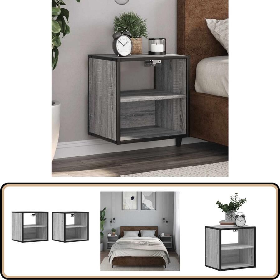 VidaXL Nachtkastjes 2 stuks Grijs Sonoma Eiken Wandgemonteerde Nachtkastje Wandgemonteerde Nachtkastjes Nachtkastje Nachtkastjes - Foto 2