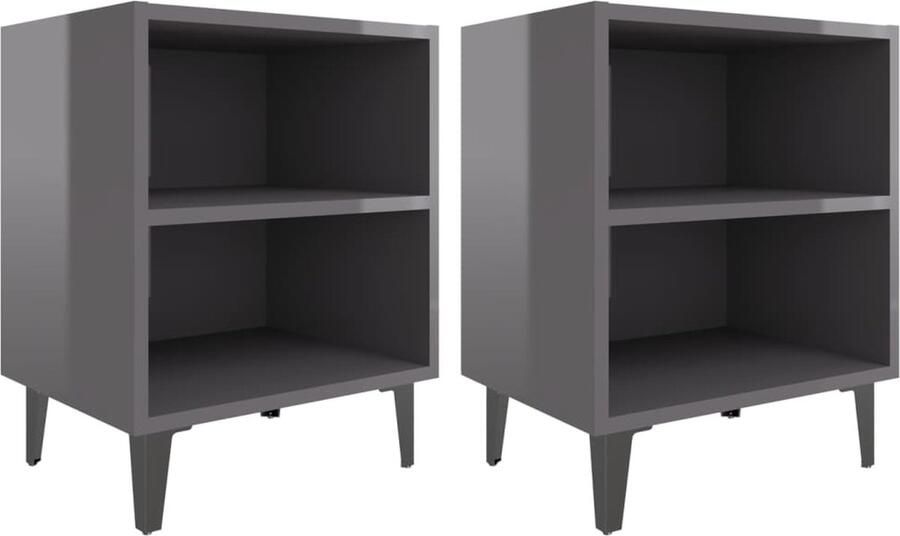VidaXL Nachtkastjes 2 stuks Hoogglans grijs 40x30x50 cm Nachtkastjes Industrieel Design Houten Nachtkastjes Grijze Nachtkastjes Slaapkamermeubilair Metalen Poten Opbergruimte Boekenplank Woonaccessoires