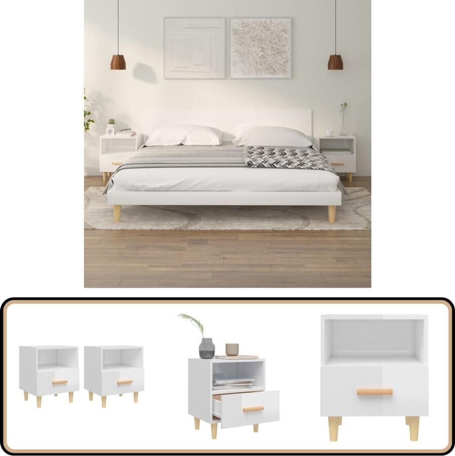 VidaXL Nachtkastjes 2 stuks Hoogglans wit 40x35x47 cm Nachtkaste Bijzettafel Scandinavisch Design Witte Kast Hout Meubilair Slaapkamermeubels Opslagmogelijkheden