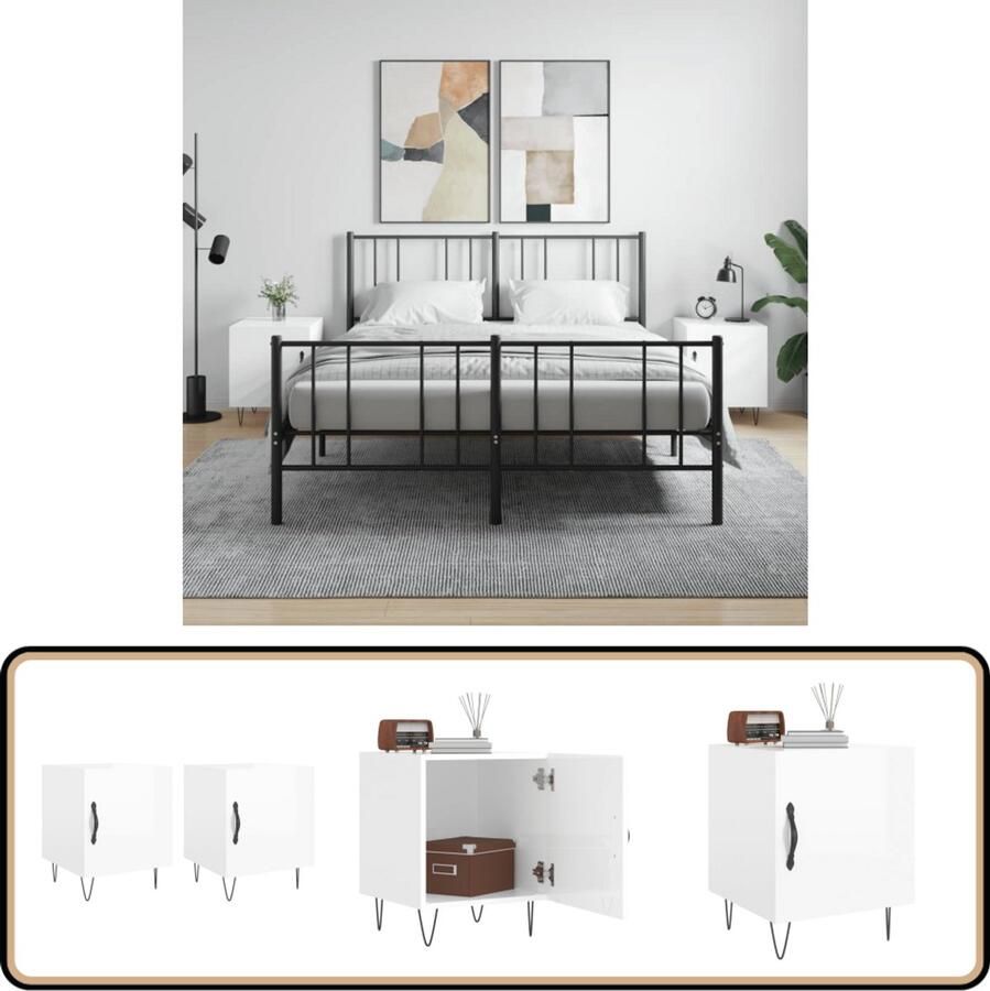 VidaXL Nachtkastjes 2 stuks Hoogglans wit 40x50 cm Nachtkastjes Modern Bijzettafel Houten Kast Witte Kast Opbergruimte Displaykast Metaalkleurige Poten