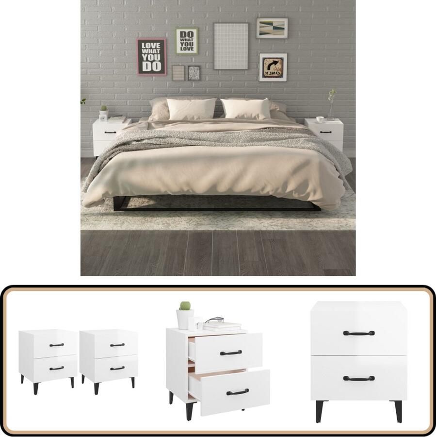 VidaXL Nachtkastjes 2 stuks Hoogglans Wit Nachtkastjes Industrieel Meubilair Houten Nachttafel Bijzettafel Slaapkamersdecoratie