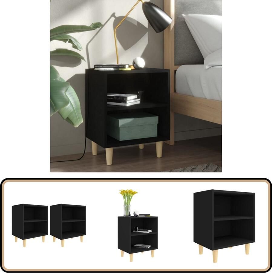 VidaXL Nachtkastjes 2 stuks Hout Zwart Nachtkast Scandinavisch Design Houten Poten Zwarte Kleur Opbergruimte