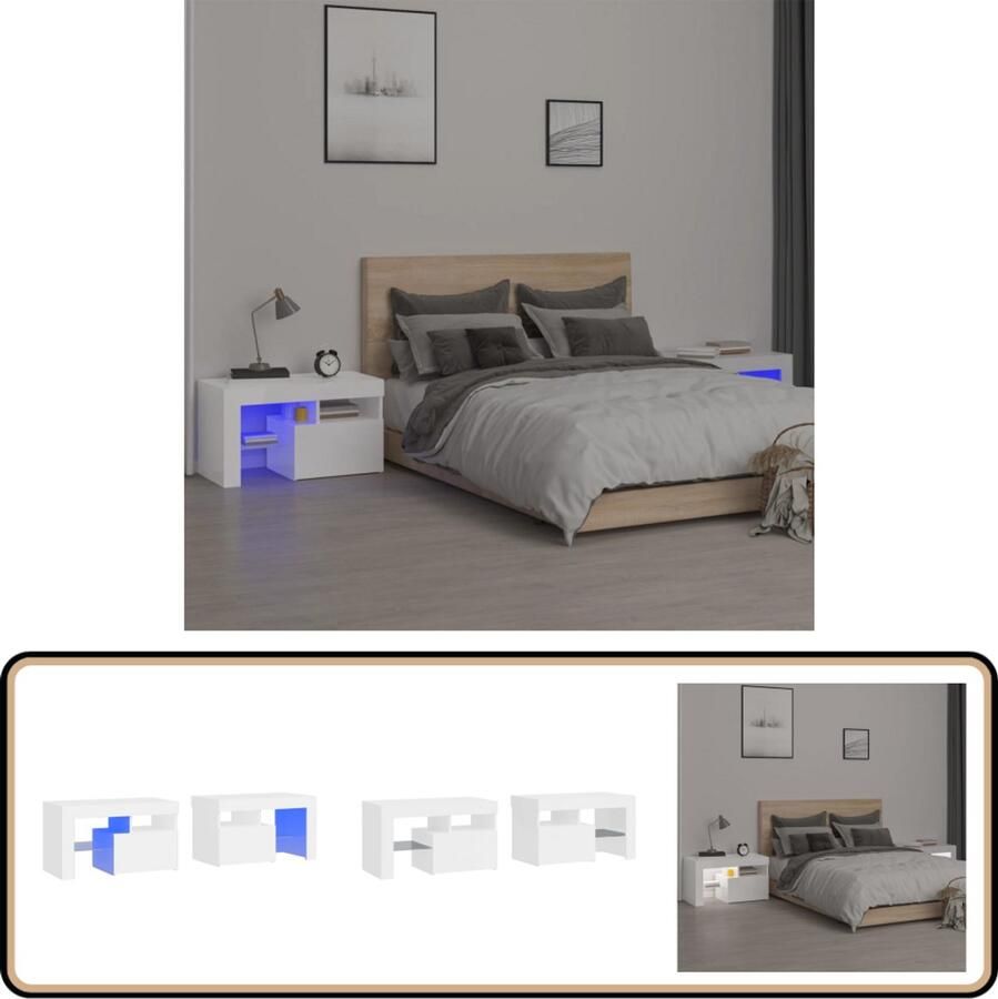 VidaXL Nachtkastjes 2 stuks LED Hoogglans Wit Nachtkastjes Meubilair Slaapkamermeubelen Led Lampen Witte Meubels Modern Design Houten Meubels Opbergkasten