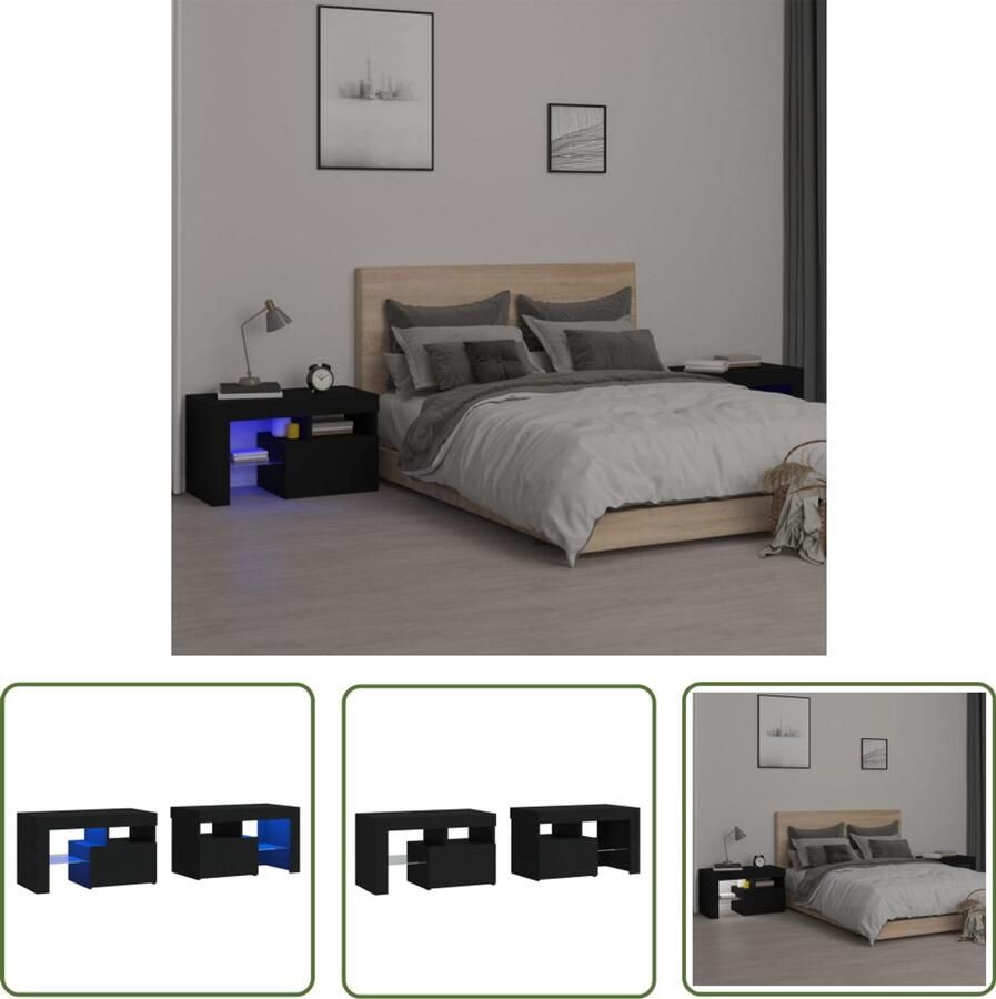 VidaXL Nachtkastjes 2 stuks LED Hoogglans zwart Nachtkastjes Slaapkamerkasten Led Verlichting Houten Kasten Black Furniture Modern Bedroom