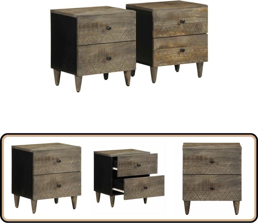 VidaXL Nachtkastjes 2 stuks Mangohout Lichtgrijs Nachtkastje Nachtkastjes Bijzettafel Wandkastje