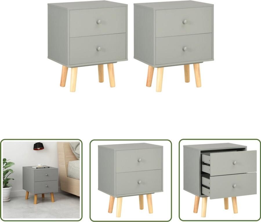 VidaXL Nachtkastjes 2 stuks Massief Grenenhout Grijs Nachtkast Scandinavisch Design Grijze Nachtkast Houten Nachtkast Set Slaapkamer Meubilair