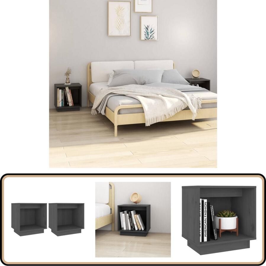 VidaXL Nachtkastjes 2 stuks Massief Grenenhout Grijs Nachtkastjes Bedkastjes Meubels Slaapkamermeubelen Hout