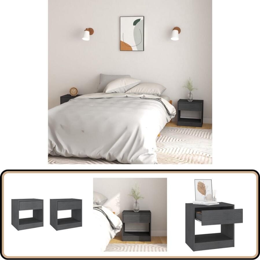 VidaXL Nachtkastjes 2 stuks Massief grenenhout Grijs Nachtkastjes Bedkastjes Slaapkamer Meubilair Rustic Decor Hout Meubel