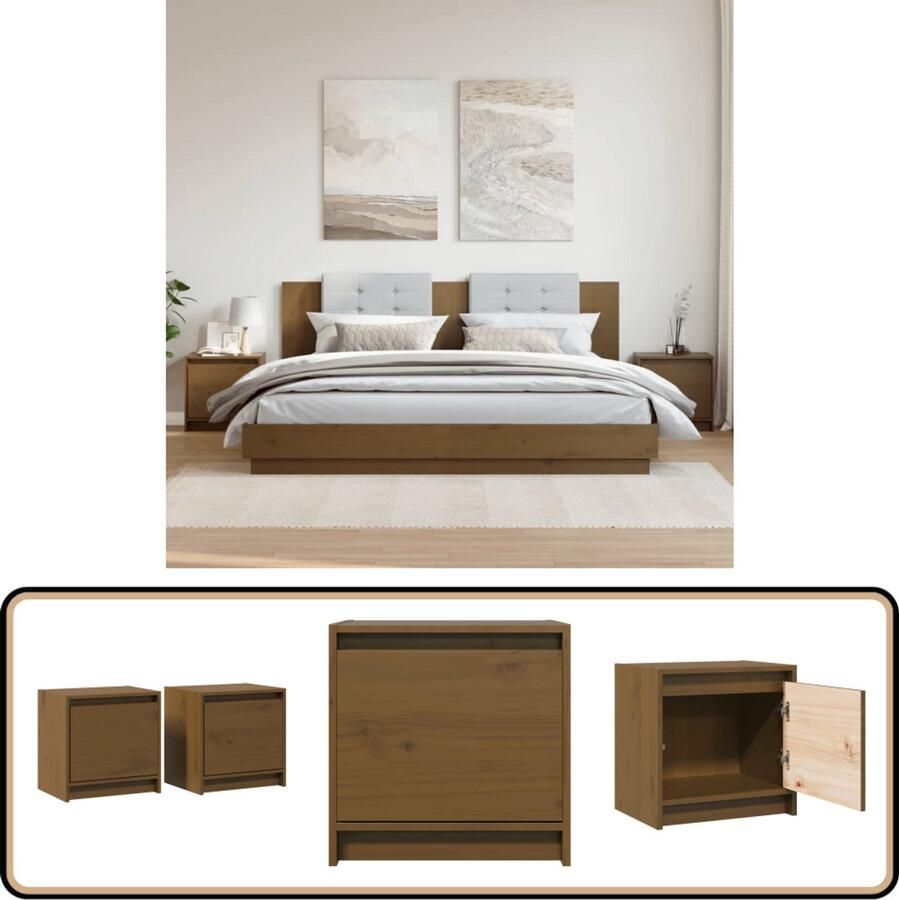 VidaXL Nachtkastjes 2 stuks Massief grenenhout Nachtkastje Slaapkamer Meubilair Grenenhout Meubel Bruine Meubelen Honigbruin Vintage Stijl Designmeubels Opbergvak Living Accessoires Woonaccessoires