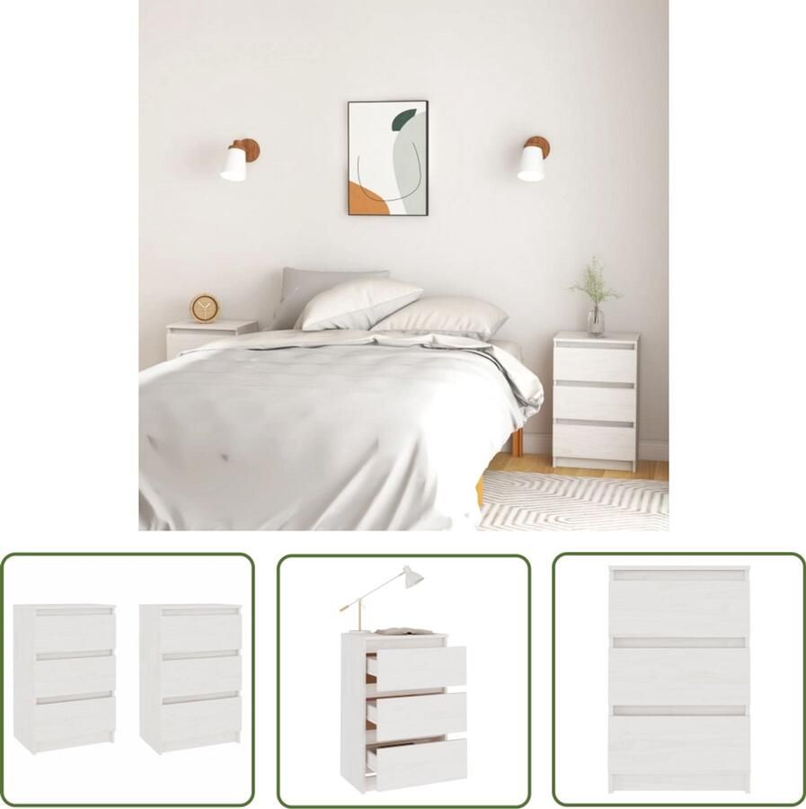 VidaXL Nachtkastjes 2 stuks Massief Grenenhout Wit Nachtkastje Slaapkamer Meubilair Houten Meubel Witte Kast Grenoble Hout Vintage Stijl Opbergruimte Designmeubelen Living Room Decor Bedroom Furniture Storage Solutions
