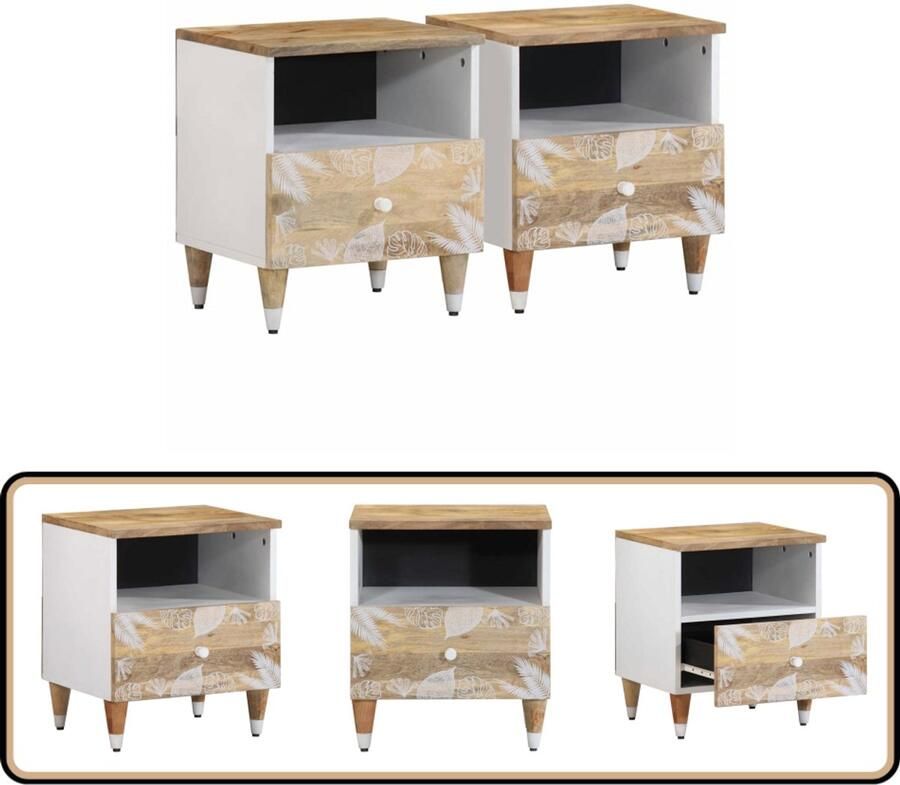VidaXL Nachtkastjes 2 stuks Massief Mangohout Nachtkastje Nachtkastjes Bijzettafel Wandkastje - Foto 2
