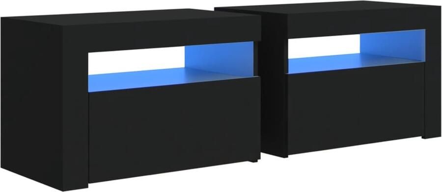 VidaXL Nachtkastjes 2 stuks Met LED Zwart Nachtkastjes Kast Slaapkamermeubilair Houten Meubels Led Lampen Rgb Verlichting Zwarte Meubelen Modern Design